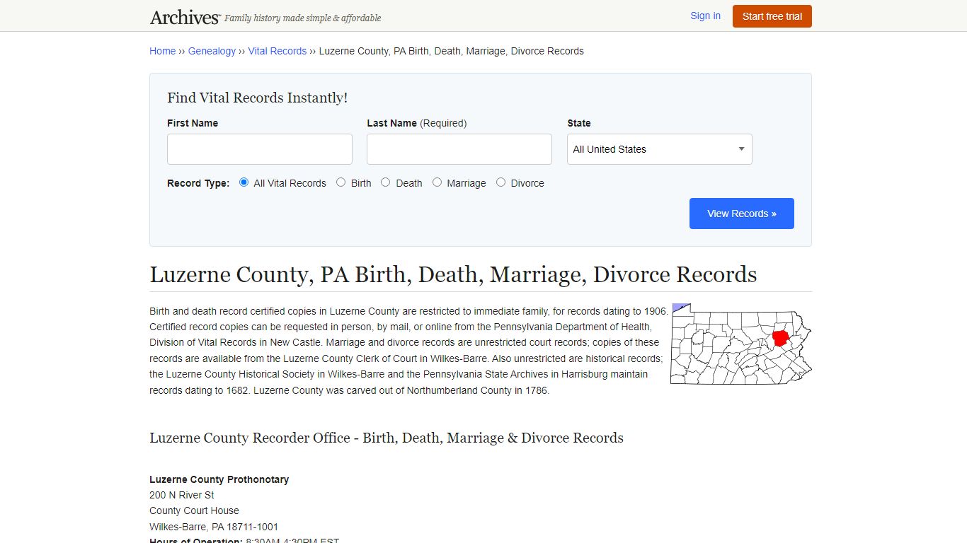 Luzerne County, PA Birth, Death, Marriage, Divorce Records