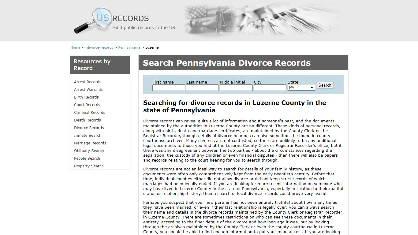 Search Divorce Records Luzerne Pennsylvania | US Records